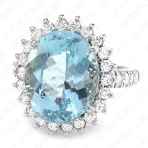 8.80ct Oval Cut Natural Aquamarine & Diamond Wedding Ring 18K White Gold Plated - Picture 1 of 13