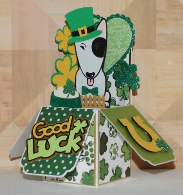 St. Patrick's Day, Bull terrier, Handmade Box Pop up greeting card - Image 1 of 4