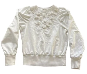 Anthropologie embroidered sweatshirt Puff Sleeves Cotton ivory (Ladies) Size 2XS - Picture 1 of 13