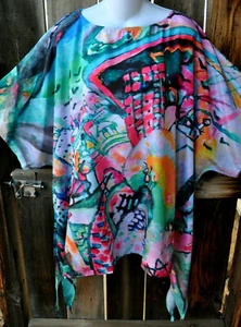 DILEMMA HAND PAINTED KANDINSKY INSPIRED ART SILK ART TO WEAR LONG PONCHO TUNIC! - Picture 1 of 4