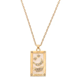 Tarot Card Necklace, Alloy Tarot Star Moon with Diamonds Necklaces, Gold - Picture 1 of 6