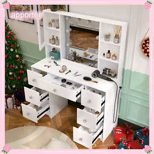 Girls Makeup Vanity Table Set With Smart LED Lights Mirror Dressing W/ 7 Drawers - Picture 1 of 8