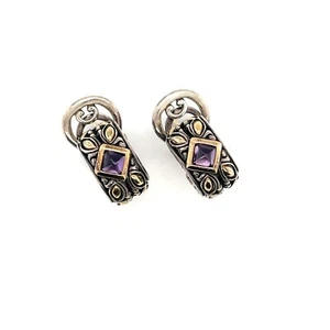 JOHN HARDY Amethyst Jaisalmer 925 Silver &  18k Gold Omega Back Earrings - Picture 1 of 6