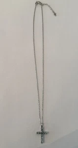 STS 925 Sterling Silver Cross With Light Green Stones 15”-17” Link Necklace - Picture 1 of 8