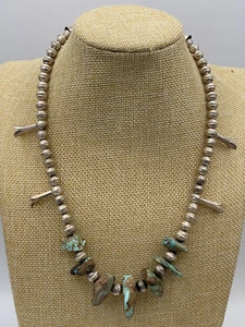 Vintage Navajo Sterling Perle mit türkis Nugget Blüte Halskette 19""L/1,55 Oz - Bild 1 von 2