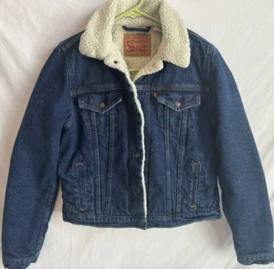 Chaqueta Levis Denim Juvenil Mediana Azul Jean Camionero Abrigo Strauss Botón Forrado de Piel Foto 1 de 4