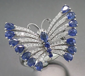 Anillo De Zafiro Brillante Mariposa Azul De Oro Blanco 750 Joyería De Animales - Imagen 1 de 5