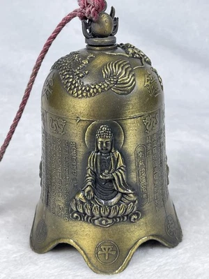 Campana de Templo de Latón de Colección Dragón Buda Paz China Longevidad Escritura 5.5" con Cuerda Foto 1 de 4