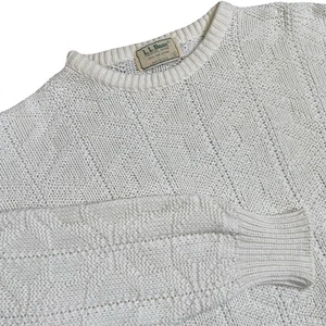 Vintage LL Bean Cable Knit Fisherman Sweater L White Cotton USA Made Snowflake - Picture 1 of 9