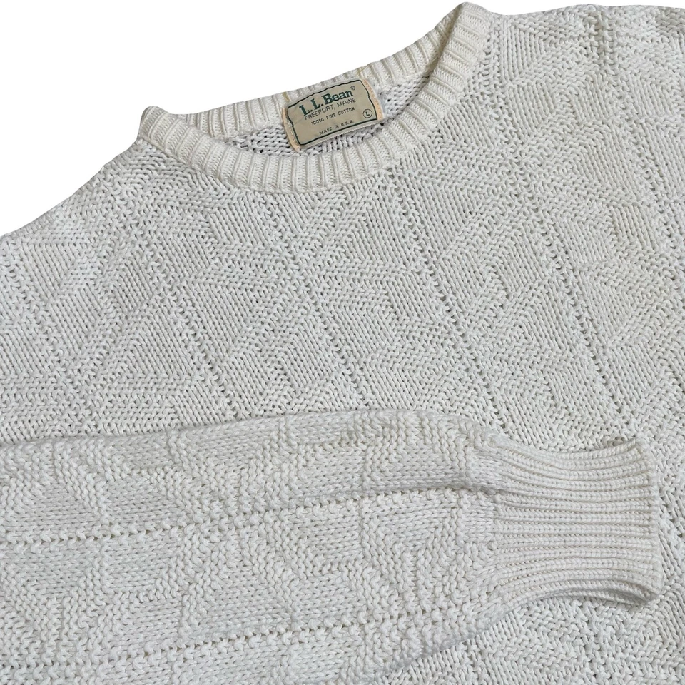 Vintage LL Bean Cable Knit Fisherman Sweater L White Cotton USA Made Snowflake - Image 1 of 4