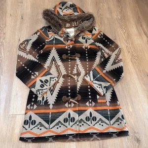 BB Dakota Women’s Southwest Aztec Wool Blend Toggle Faux Fur Hooded Jacket S - Picture 1 of 12