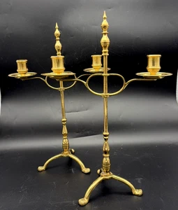 Paar Vintage England massiv Messing Teleskop Doppel Kerzenhalter Löwenfuß - Bild 1 von 8