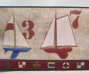 SAILING SAILBOATS SEASHORE NAUTICAL Wallpaper Border 9" - Picture 1 of 3