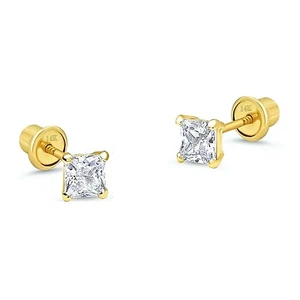 2 mm Princess Genuine Diamond Tiny Stud Screw back Earrings in 14k Yellow gold - Picture 1 of 2