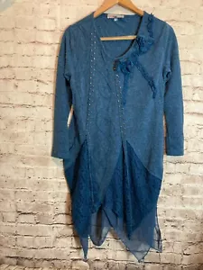 Pretty Angel Top Womens Small Blue Linen Textured Studded Artsy Asymmetric Hem - Picture 1 of 15