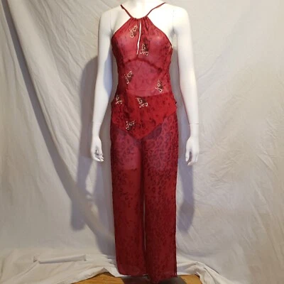 Victoria's Secret 100% Seda Rojo Leopardo Transparente Pijama Conjunto Mediano Halter Pantalones Foto 1 de 4