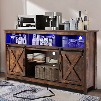 Farmhouse LED Coffee Bar Cabinet Barn Door Sideboard Buffet with Power Outlet - Image 1 of 4