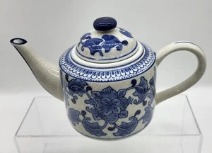 Crazed Vintage Blue and White Teapot Marked Floral Leaves Asian Style - Picture 1 of 14