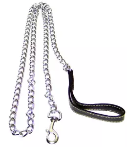 4.0 MM X 72 H-D Chrome Chain Dog Pet Leash w/ Black Leather Strap Strong Holding - Picture 1 of 1
