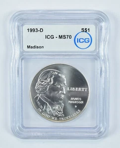 1993-D James Madison Commemorative Silver Dollar MS70 ICG - Picture 1 of 5