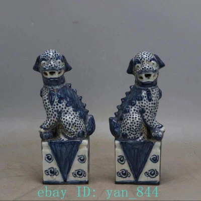 A Pair Antique Chinese Jingdezhen Blue and White Porcelain Fo Dog Lion Statue - Image 1 of 4