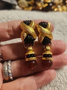 RR Roman Inc. Gold Tone Leather Wrap X Carnelian Dangle Clip-On Earrings - Picture 1 of 5
