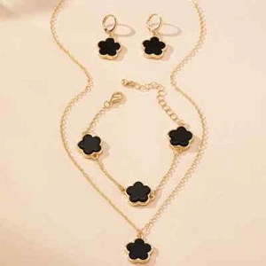 Gold Filled Black Or White Floral Set- Hoop Earrings+Bracelet+Necklace Set-Gift - Picture 1 of 12