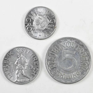AUSTRIA Lotto 3 monete 50 Groschen 1955 1 Schilling 1947 5 Schilling 1952 - Picture 1 of 2