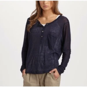 Vince 100% linen henley long sleeve shirt top drop shoulder relaxed slub Large - Picture 1 of 8