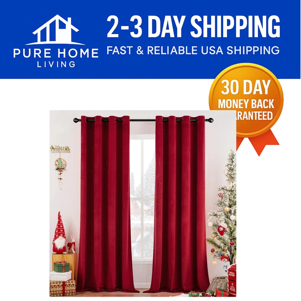 Luxurious Christmas Red Velvet Grommet Curtains - Thermal Insulated & Soundproof - Image 1 of 4