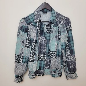 Vintage Womens Blouse Top Shirt Size 16 Blue Black Floral Smart Work 80s Paisley - Picture 1 of 5