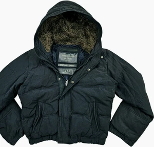 *HOT Men's ABERCROMBIE & FITCH @ KEMPSHALL BOMBER FUR HOODED DOWN BLACK Jacket S - Picture 1 of 20