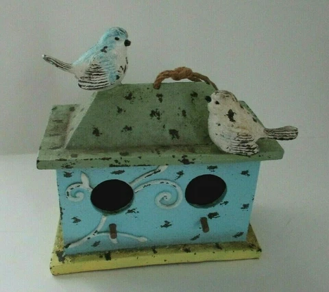Shabby Distressed 2 Hole Birdhouse Sparrow & Bluebird Perched on Roof Cover