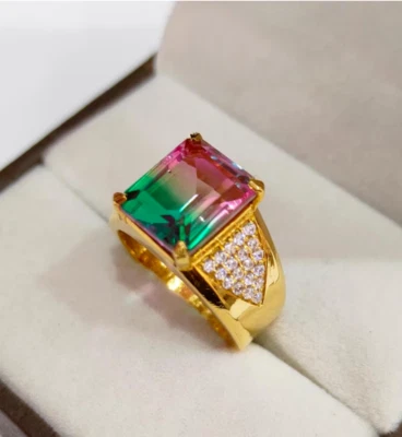 Anillo Turmalina Sandía, Anillo Chapado en Oro Amarillo 14K Piedras Preciosas Doble Color Foto 1 de 4