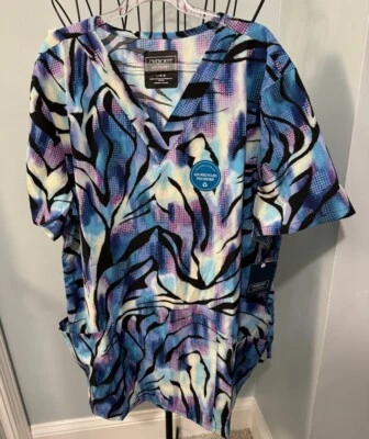New Cherokee Wild Abstract Women V neck Scrub Top Large L Ladies CK 662 Black - Image 1 of 4