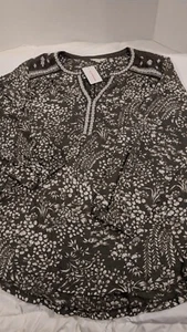 Women's Lucky Brand 3X Olive Green White Floral Embroidered Boho Peasant Top L/S - Picture 1 of 10