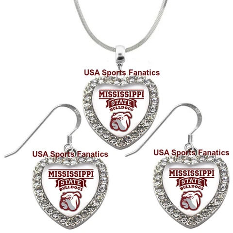 MSU Bulldogs 925 Necklace or Earrings or Set Team Heart With Rhinestones Cover