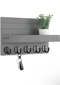 Wall Key Holder & Mail Organizer with Shelf, Hooks & Hardware - Picture 1 of 7