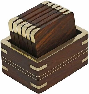 Wooden Table Coaster Set of 6 for Tea Cups Coffee Mugs with fine Brass Work US - Picture 1 of 3