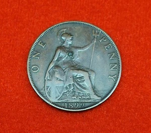 1899 GREAT BRITAIN- VICTORIA - ONE PENNY BRONZE COIN Error Strike Mark In Center - Picture 1 of 6