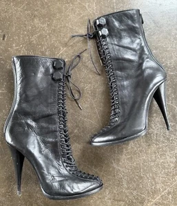 Women’s Vintage GIVENCHY Black Leather Lace Up High Heel Boots Size 40.5 - Picture 1 of 12