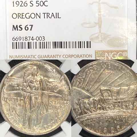 1926-S MS67 NGC Oregon Trail Commemorative Half Dollar 50c TONED BOLD LUSTER PQ+ Cover