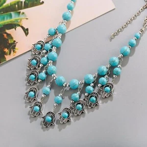 Ethnic Hand Pendants Necklace Collier Femme Women's Vintage Turquoise Necklace - Picture 1 of 38