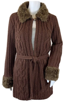 Copper Key Brown Cardigan Sweater Long Cable Knit Faux Fur Belt Retro Jr Size M - Image 1 of 4