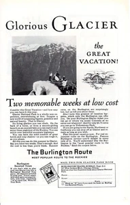 Anuncio impreso vintage de 1926 Glacier National Park Burlington Route American Express - Imagen 1 de 2