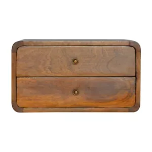 Dark Wood Bedside Table 100% Solid Mango Curved Edges 2 Draws Wall Mounted - Picture 1 of 9