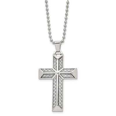 Stainless Steel Polished w/Grey Carbon Fiber Inlay Cross 24in Necklace - Image 1 of 4