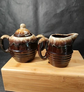 Vntg Brown Drip Glaze Pottery Creamer/ Sugar Bowl Set - Picture 1 of 7