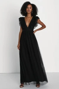 Lulus XL Simply Delighted Black Mesh Ruffled Backless Maxi Dress - Picture 1 of 14