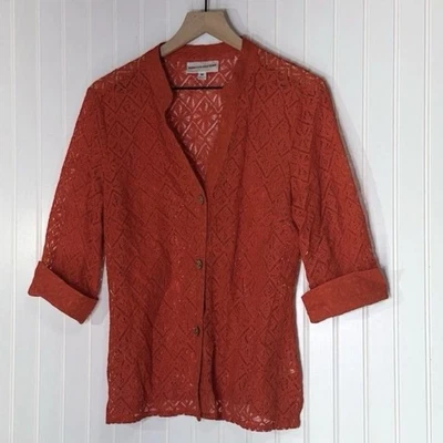 Rebecca Malone Orange Red Lace Cardigan Top Medium Sheer Crochet Knit Blouse - Image 1 of 4